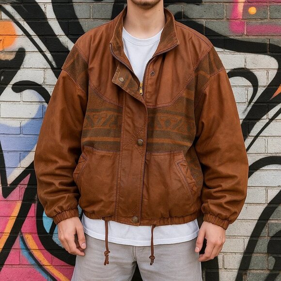 Vintage Winlit Leather and Wool Blend Western Aztec Bomber Jacket Coat Medium - Picture 1 of 16